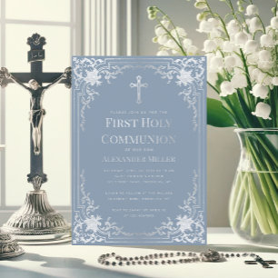 Invitación Elegante azul polvoriento falso plata niño primera