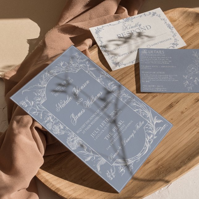 Invitación Elegante Azul Polvoriento Floral Boho Botánico Bod (Subido por el creador)