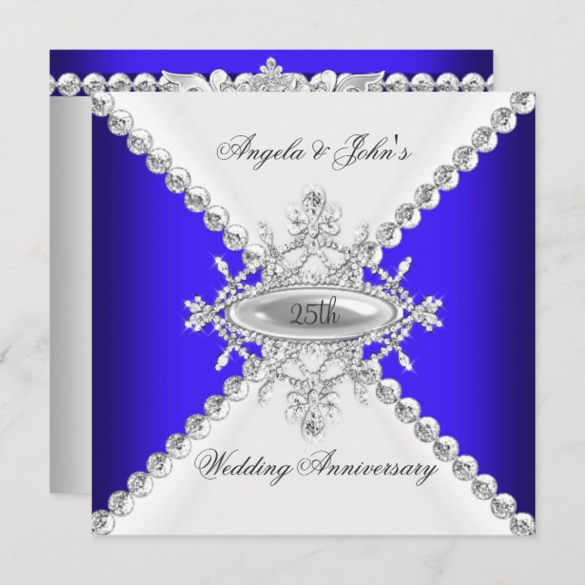 Invitación Elegante Azul Real Blanco 25 Aniversario de Boda (Anverso / Reverso)