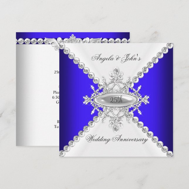 Invitación Elegante Azul Real Blanco Aniversario de Bodas 25 (Anverso / Reverso)