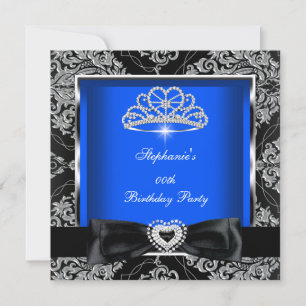 Invitación Elegante Azul Real Damasco Plateado Fiesta Negra