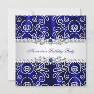 Invitación Elegante Azul Real Marino Encaje Superpuesto de Di