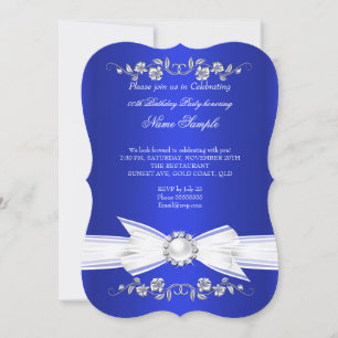 Invitación Elegante azul real perla blanca lazo joya cumpleañ
