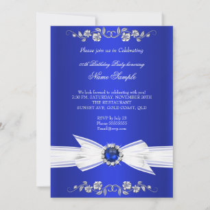 Invitación Elegante azul real perla blanca lazo joya cumpleañ
