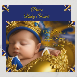 Invitación Elegante Azul Real Príncipe Niño Baby Shower Dorad
