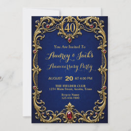 Invitación Elegante Azul Real y Dorado 40 Aniversario