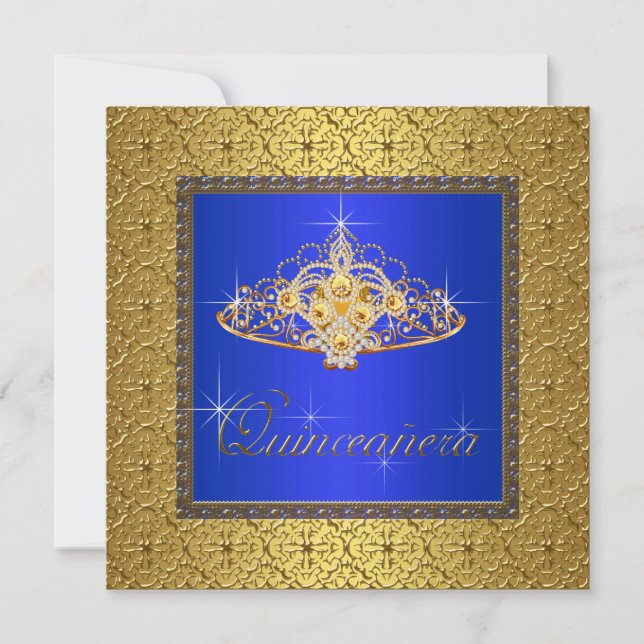 Invitación Elegante azul real y quinceañera dorada (Anverso)