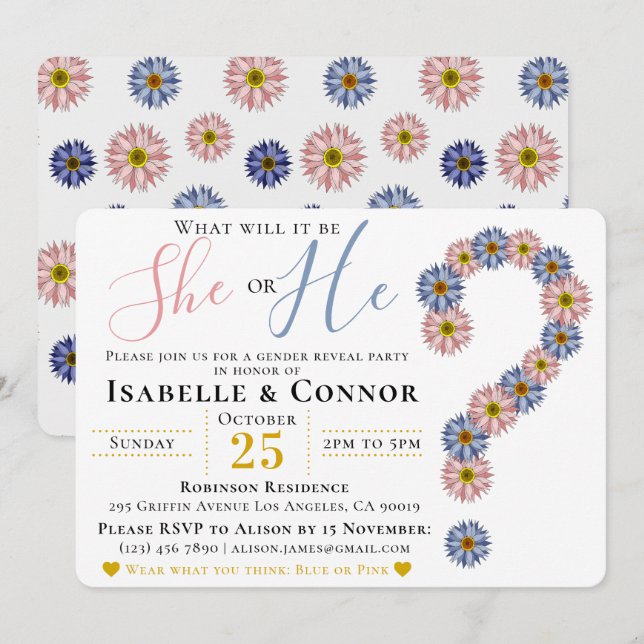 Invitación Elegante azul rosado Revelación de género floral (Anverso / Reverso)