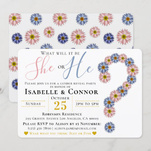 Invitación Elegante azul rosado Revelación de género floral
