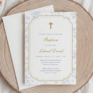 Invitación Elegante azul toile vintage para bautizo de niño