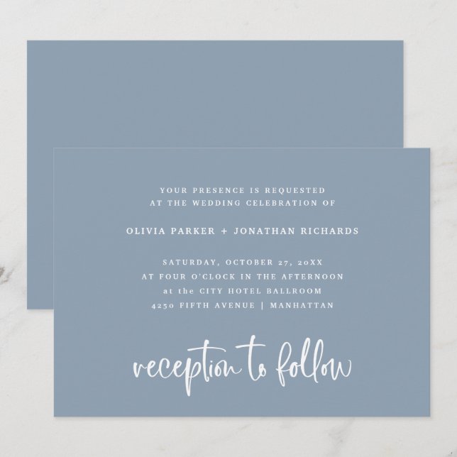 Invitación Elegante azul turbio| Boda clásico simple (Anverso / Reverso)