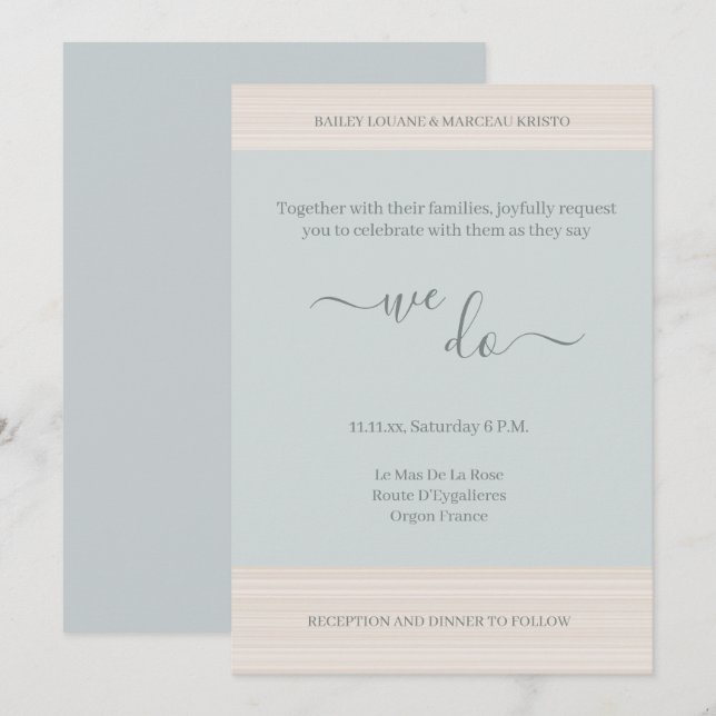 Invitación Elegante azul turbio hacemos Boda de franjas de gr (Anverso / Reverso)