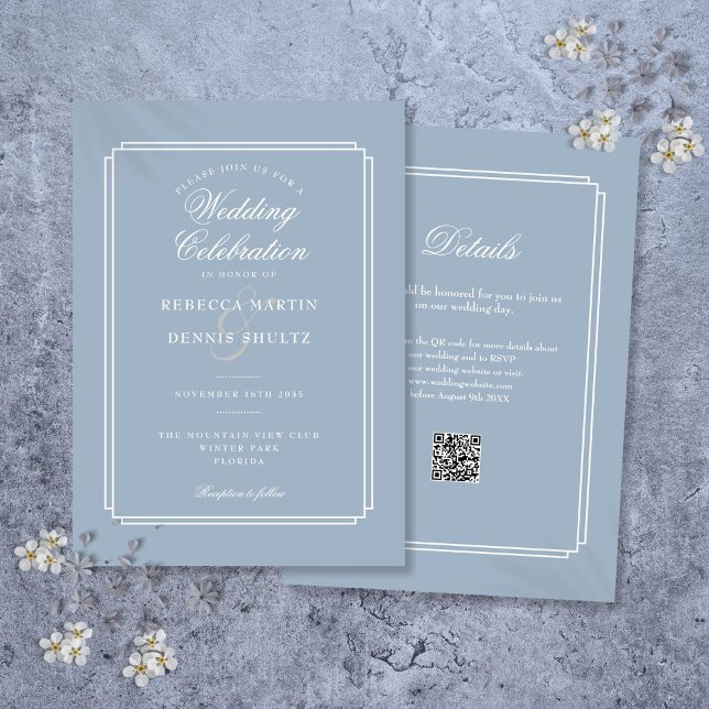 Invitación Elegante azul turbio QR Código Art Deco Boda (Elegant Dusty Blue QR Code Art Deco Wedding Invitation)