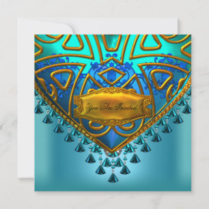 Invitación Elegante Azul Turquesa Aguamarina Dorado Para Toda
