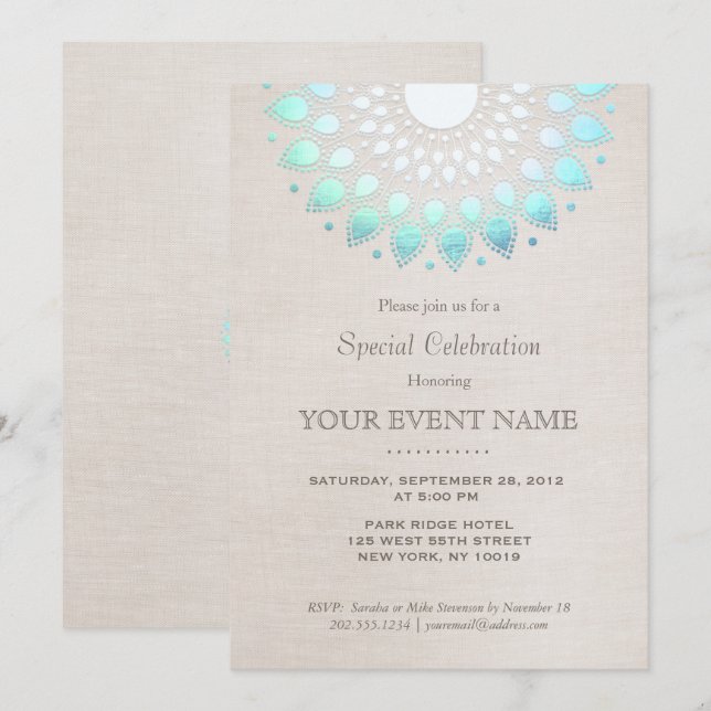 Invitación Elegante Azul Turquesa Beige Aspecto Lino (Anverso / Reverso)