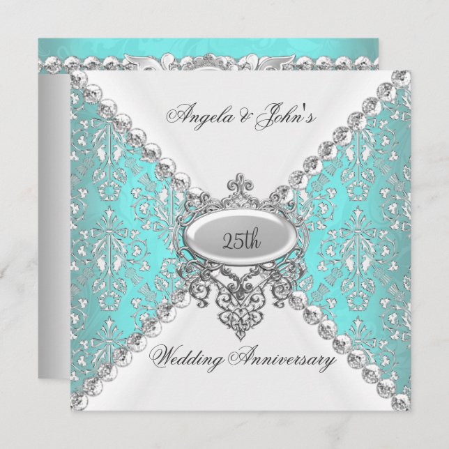 Invitación Elegante Azul Turquesa Blanco 25 Aniversario de Bo (Anverso / Reverso)