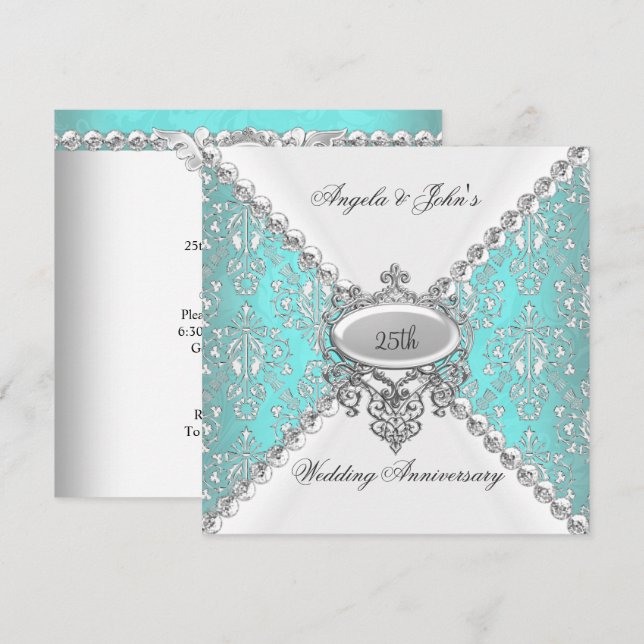 Invitación Elegante Azul Turquesa Blanco Aniversario de Bodas (Anverso / Reverso)
