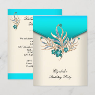Invitación Elegante Azul Turquesa Crema Blanca Fiesta de Cump
