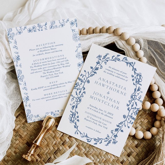 Invitación Elegante azul victoriano floral todo en un Boda (Subido por el creador)
