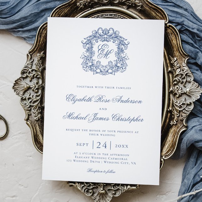Invitación Elegante Azul Vintage Monograma Cresta Boda (Subido por el creador)