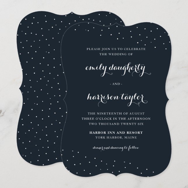 Invitación Elegante azul y blanco con Boda de puntos delgados (Anverso / Reverso)