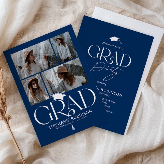 Invitación Elegante Azul y Blanco Fiesta de Graduación de 4 F (Subido por el creador)