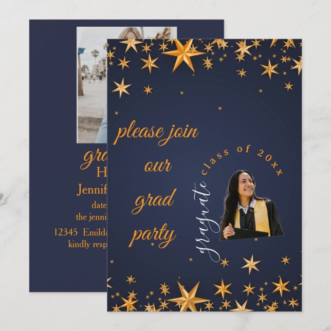 invitación elegante azul y dorada (Anverso / Reverso)