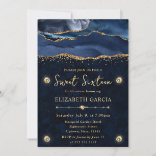 Invitación Elegante azul y dorado agata brillo Sweet 16