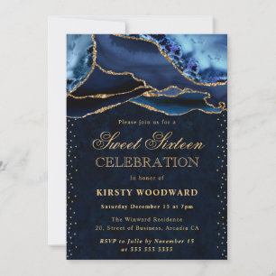 Invitación Elegante azul y dorado agata brillo Sweet 16