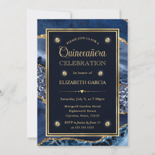 Invitación Elegante Azul y Dorado Agata Quinceañera Brillante
