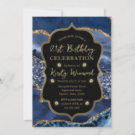 Invitación Elegante Azul y Dorado Cumpleaños 21 Agata Brillan
