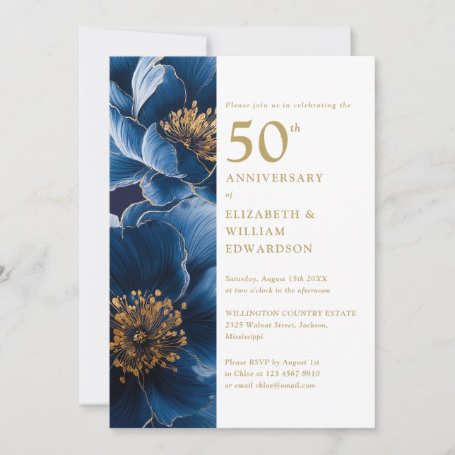 Invitación Elegante azul y dorado floral 50 aniversario (Anverso)