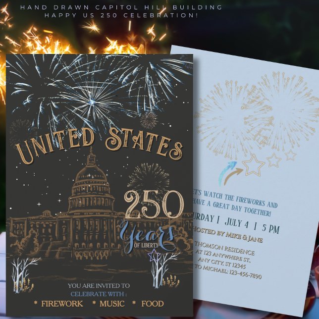 Invitación Elegante Azul y Dorado US 250 Capitol (Elegant Blue & Gold US 250 Capi Invitation)