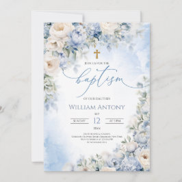 Invitación Elegante Azul y Marfil Floral Bautizo de Niño Cris