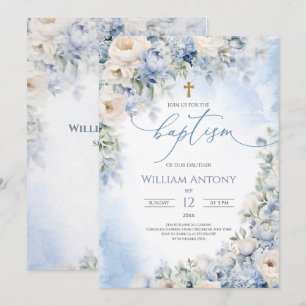Invitación Elegante Azul y Marfil Floral Bautizo de Niño Cris