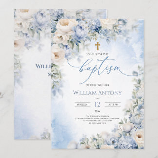 Invitación Elegante Azul y Marfil Floral Bautizo de Niño Cris