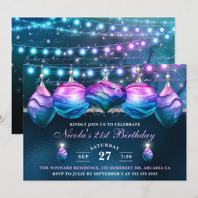 Invitación Elegante azul y morado Mermaid Baubles Cumpleaños (Anverso / Reverso)