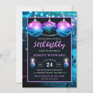 Invitación Elegante azul y morado Mermaid Baubles Cumpleaños