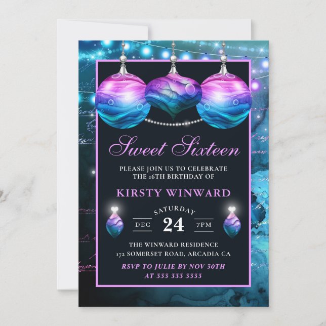 Invitación Elegante azul y morado Mermaid Baubles dulce 16 (Anverso)
