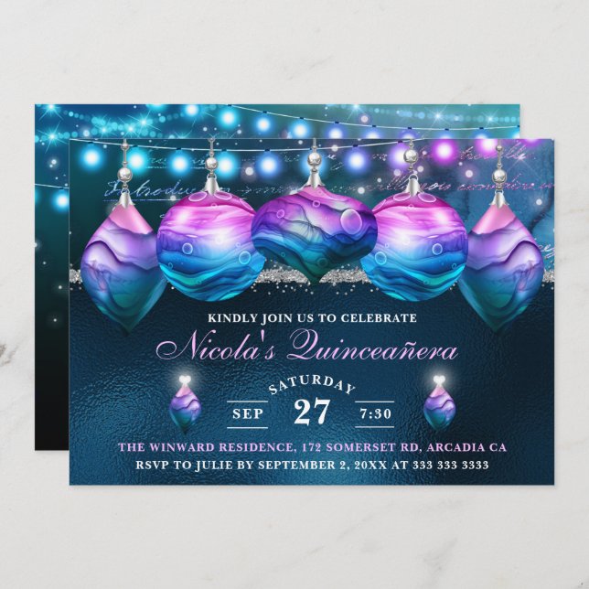 Invitación Elegante azul y morado Mermaid Baubles Quinceanera (Anverso / Reverso)