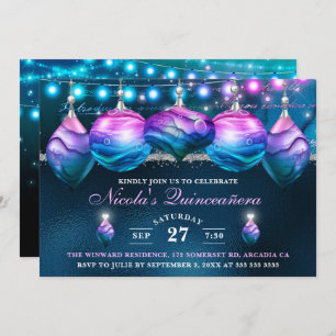 Invitación Elegante azul y morado Mermaid Baubles Quinceanera