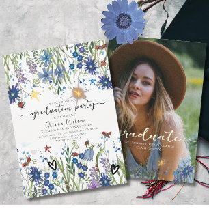 Invitación Elegante Azul y Naval Flores y Foto Graduación