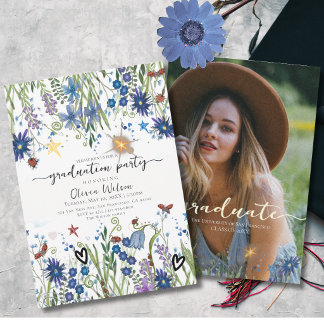 Invitación Elegante Azul y Naval Flores y Foto Graduación