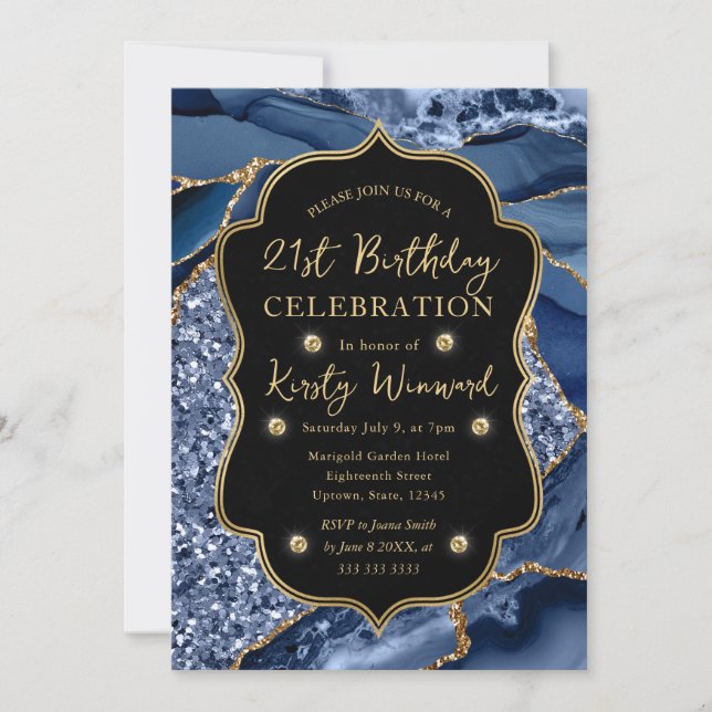 Invitación Elegante azul y oro brillo ágata Cumpleaños 21 (Anverso)