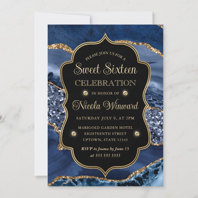 Invitación Elegante azul y oro brillo ágata Dulces Dieciséis (Anverso)