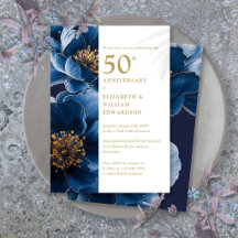 Elegante Azul y Oro Floral 50 Aniversario