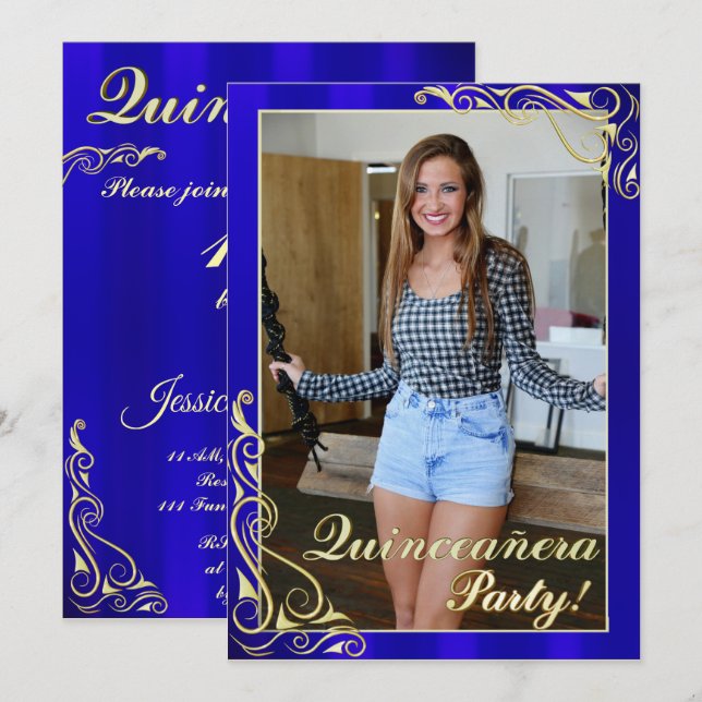 Invitación Elegante azul y oro tu foto Quinceañera (Anverso / Reverso)