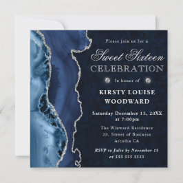 Invitación Elegante azul y plata brillo ágata Dulces 16
