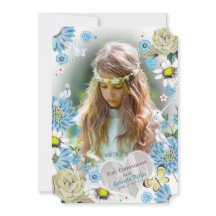 Elegante Azul y Verde Floral Primera Comunión