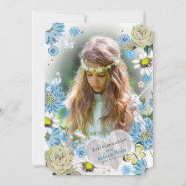 Invitación Elegante Azul y Verde Floral Primera Comunión